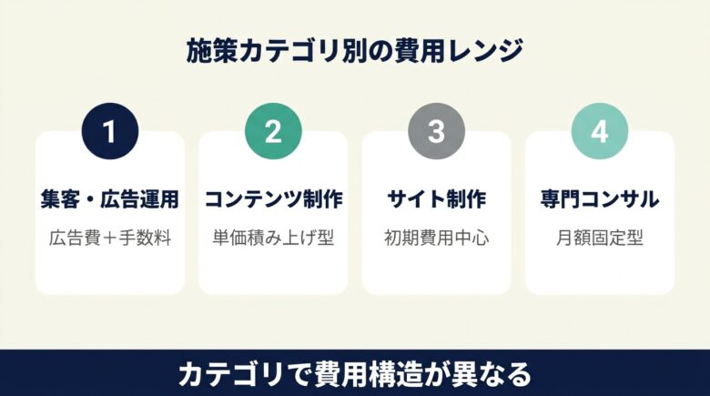 BtoBマーケティング施策カテゴリ別の費用レンジ。集客広告運用・コンテンツ制作・サイト制作・専門コンサル