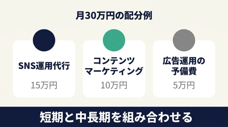 月30万円の配分例。SNS運用代行15万円・コンテンツマーケティング10万円・広告予備費5万円