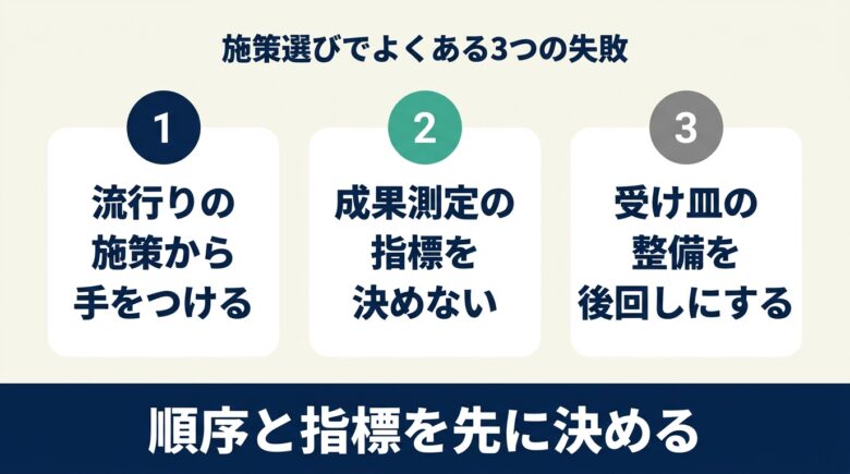施策選びでよくある3つの失敗。流行り優先・指標未設定・受け皿後回し