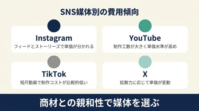 SNS媒体別の費用傾向。Instagram・YouTube・TikTok・X