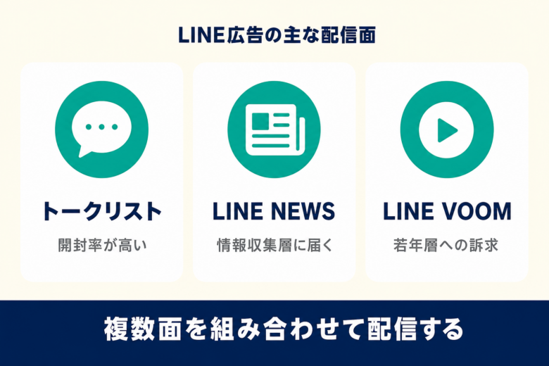 LINE広告の主な配信面。トークリスト・LINE NEWS・LINE VOOM