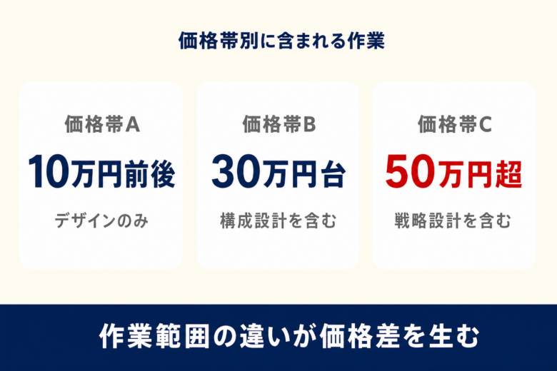 LP制作の価格帯別に含まれる作業。10万円前後・30万円台・50万円超の比較