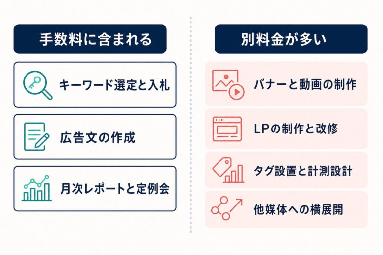 運用代行の手数料に含まれる作業と別料金の作業