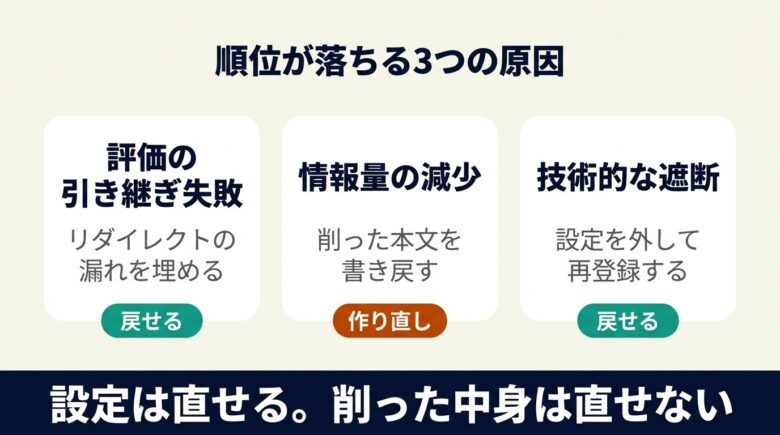 サイトリニューアルで順位が落ちる3つの原因と対応する対策