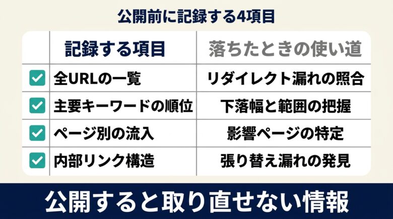 サイトリニューアル前に記録する4項目とそれぞれの使いどころ