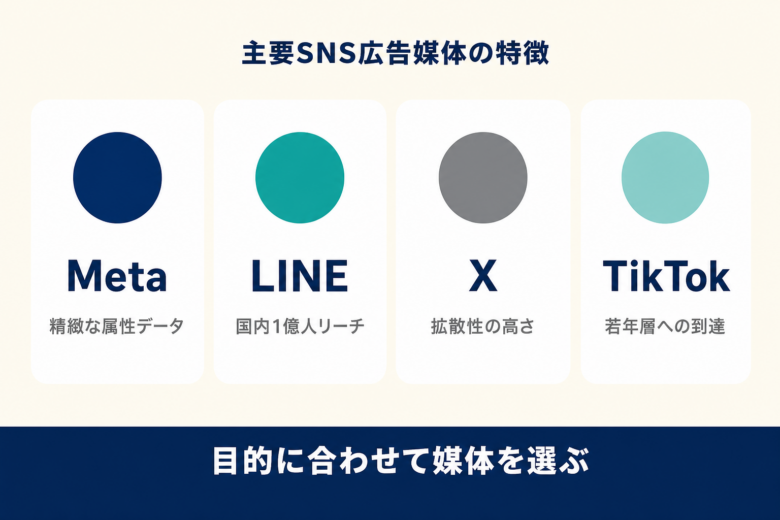 主要SNS広告媒体の特徴。Meta・LINE・X・TikTokの比較